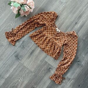 Rewind Brown Floral Ruched Long Sleeve Tie Crop Top